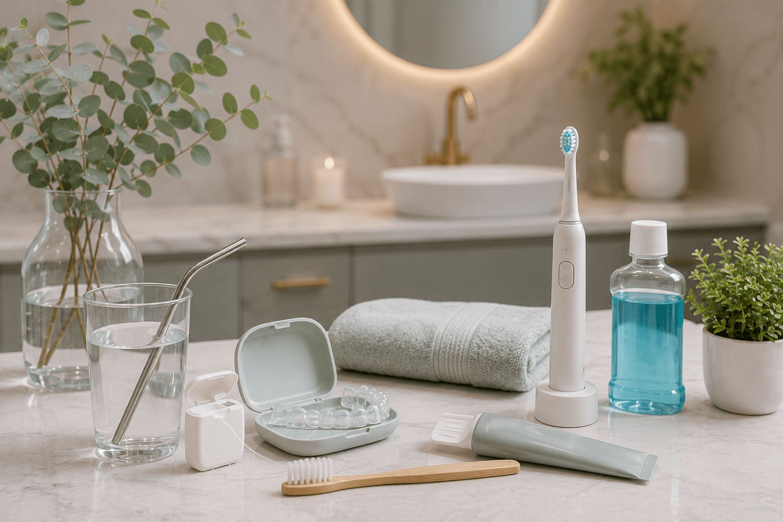 Oral care essentials on a bathroom counter — an electric toothbrush, floss, mouthwash, a whitening tray, toothpaste, a straw and a glass of water